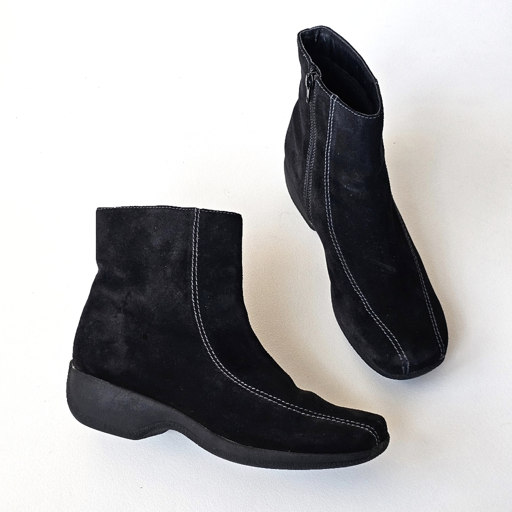 🖤 Clarks Black Suede Leather Ankle Boots Women’s 8M Side Zip Comfort Wedge